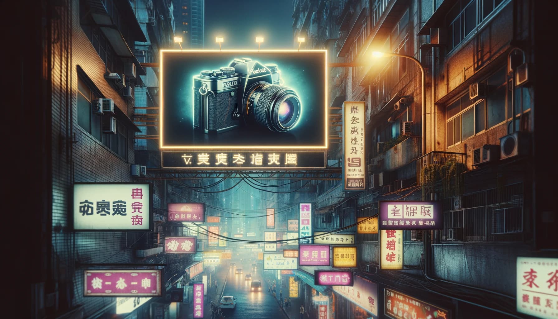Neon billboard on a city street at night